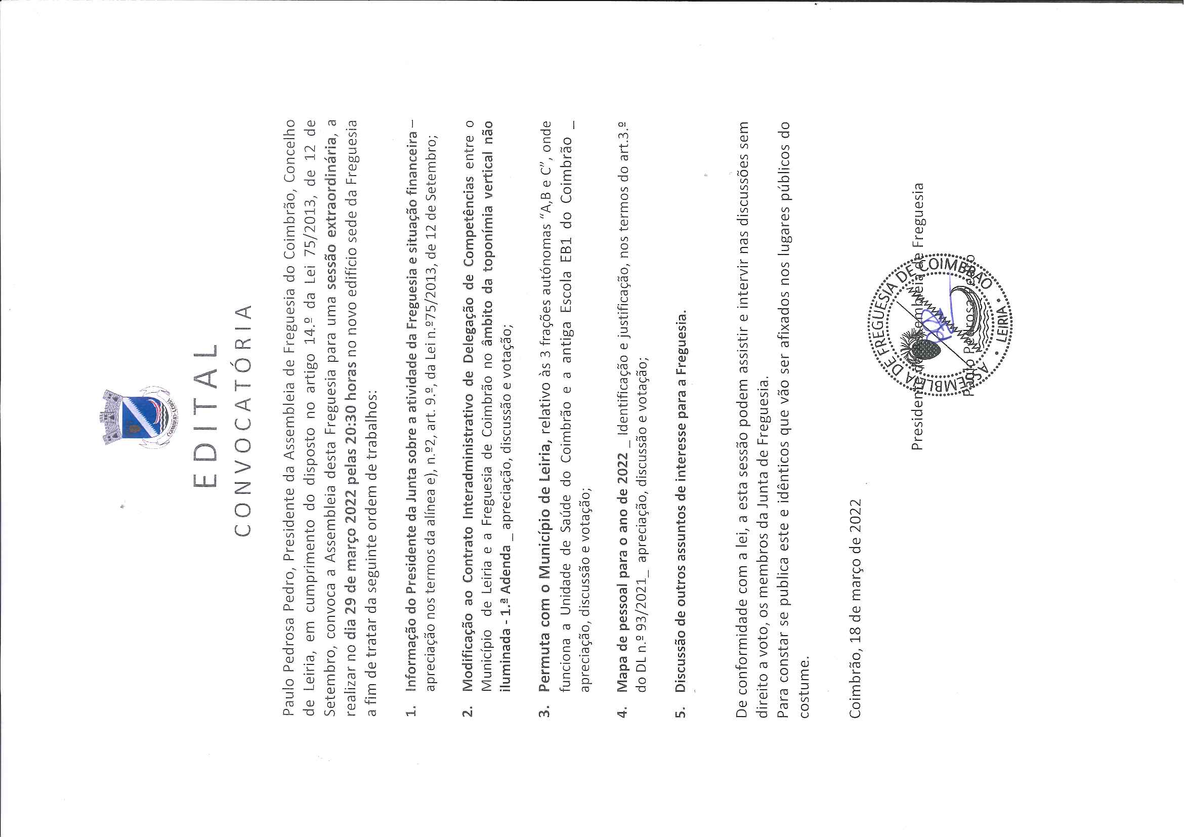 Imagem Convocatória Assembleia de Freguesia