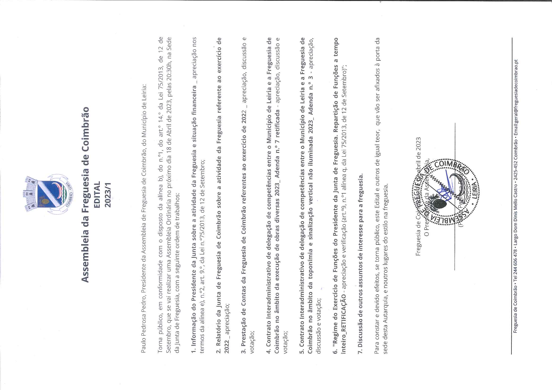 Imagem Convocatória Assembleia de Freguesia - Sessão Ordinária - 18 de abril 2023