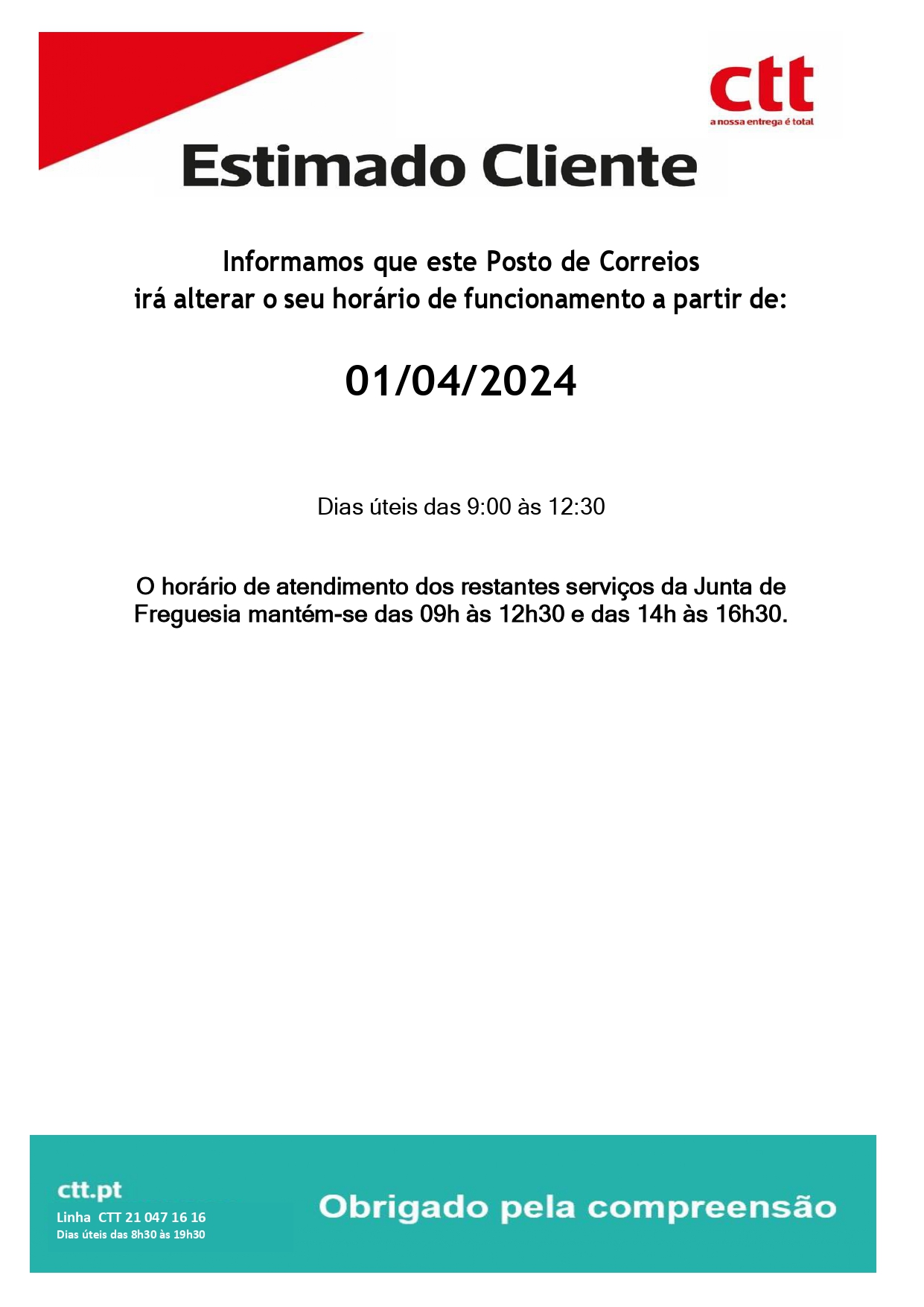 Imagem NOVO HORÁRIO DE FUNCIONAMENTO POSTO CTT COIMBRÃO