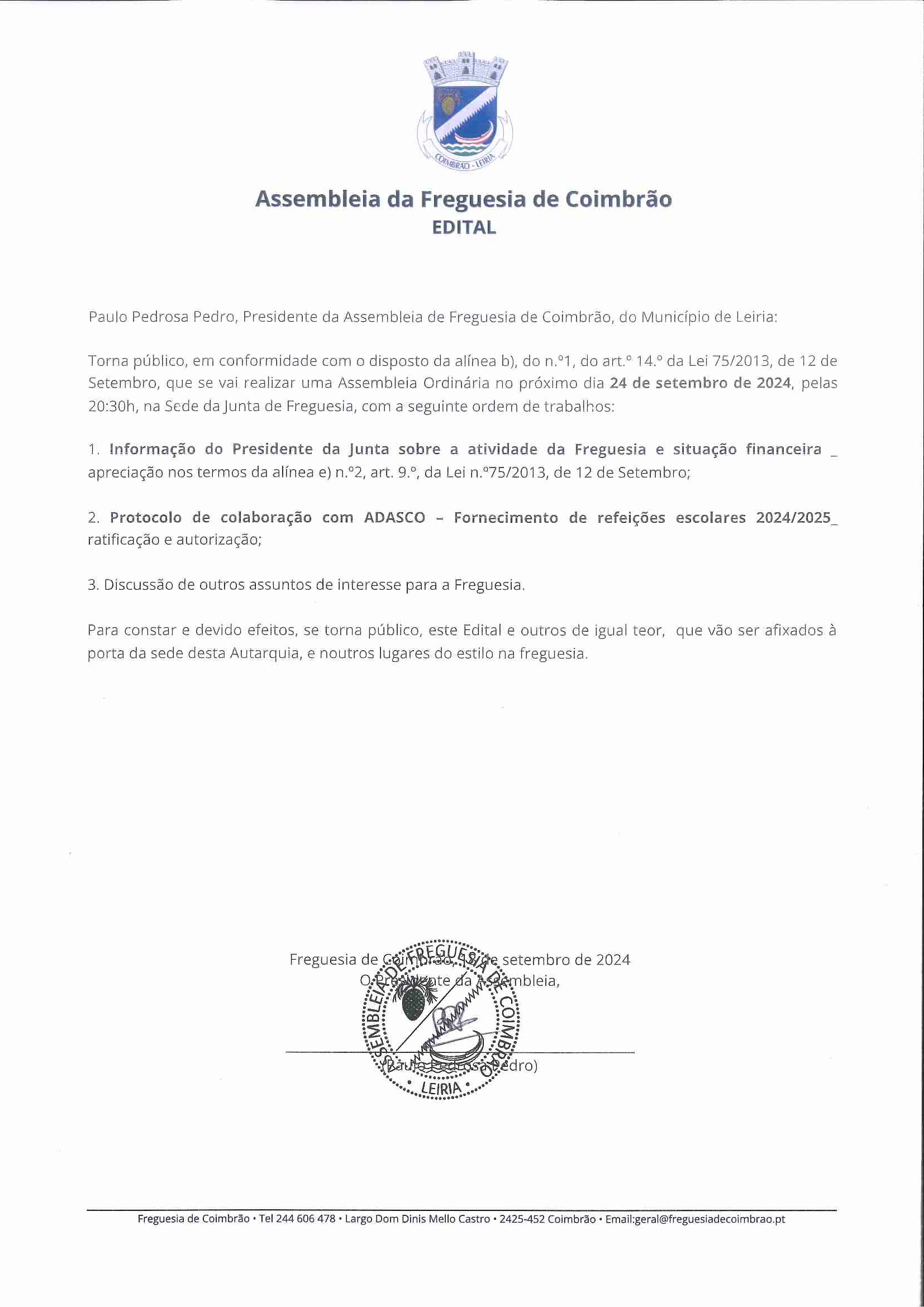 Imagem Convocatória Assembleia de Freguesia - Sessão Ordinária - 24 de setembro 2024