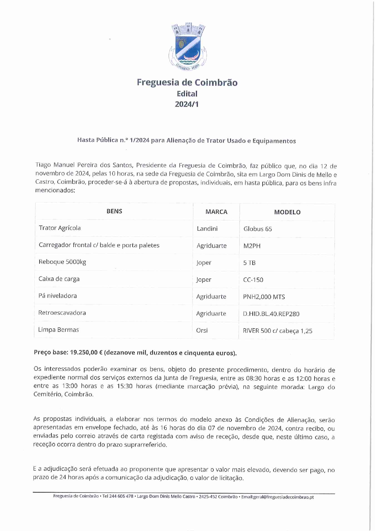 Imagem Edital - Hasta Pública n.º 1/2024 para Alienação de Trator Usado e Equipamentos
