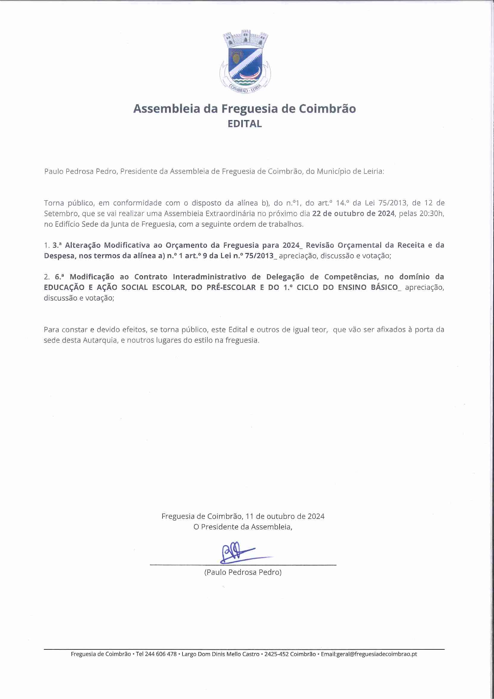 Imagem Convocatória Assembleia de Freguesia - Sessão Extraordinária - 22 de outubro 2024